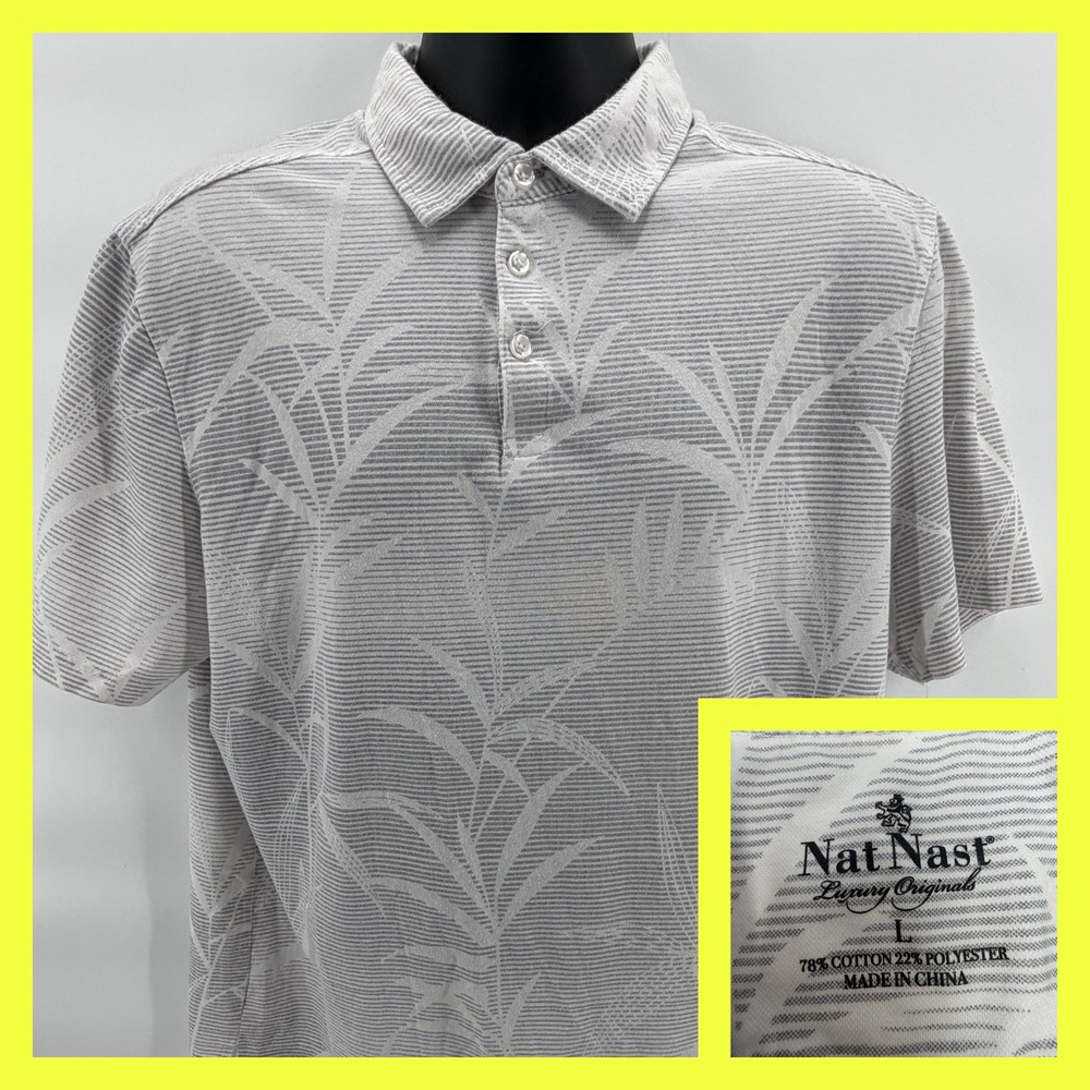 Nat Nast‎ Polo Shirt Mens L White Gray Palm Leaf Striped Short Sleeve Luxury